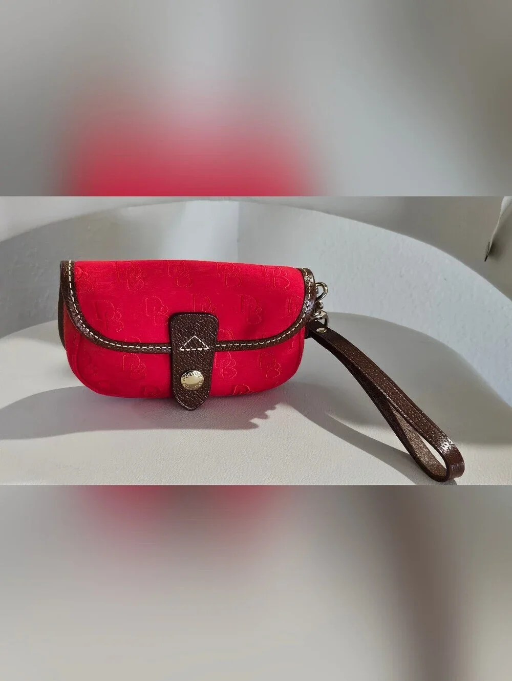 Dooney & Bourke Red Monogram Wristlet Pouch Brown Trim Smal Clutch Wallet.